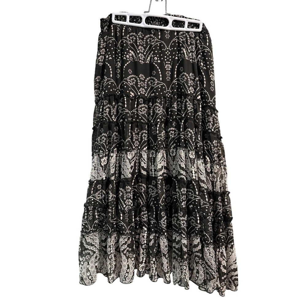 Lola P. Black White‎ Tiered Maxi Skirt Large Boho Ruffle Smocked Waist